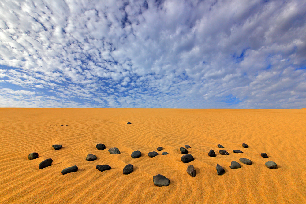 Yellow sand. Summer dry landscape in Africa. Black pebble stone.