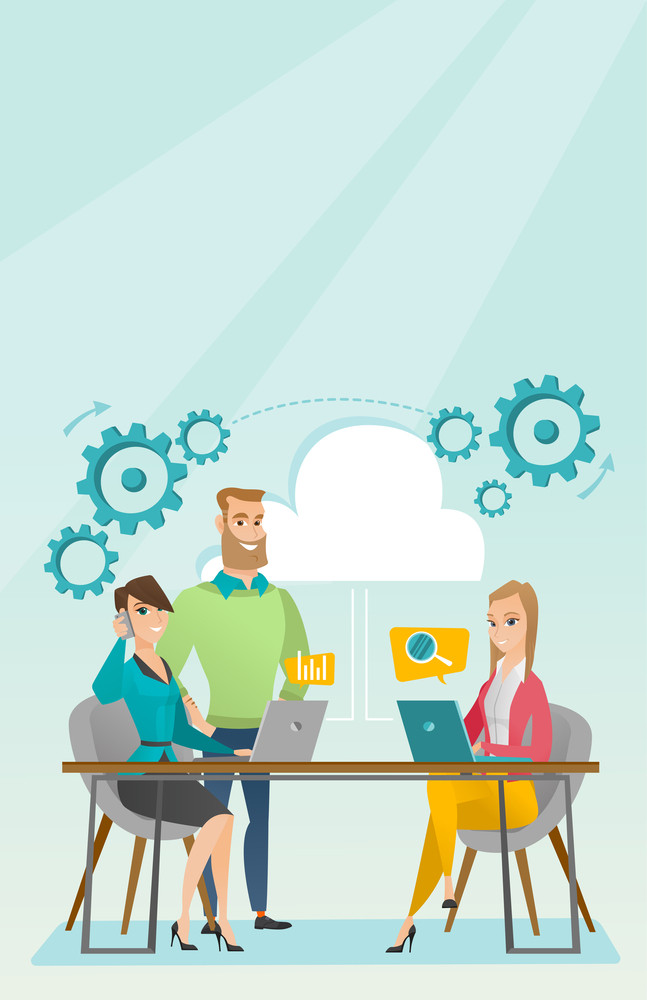 Business people using laptops during meeting. Caucasian business people at business meeting. Office workers gathered together at table in office. Vector flat design illustration. Vertical layout.