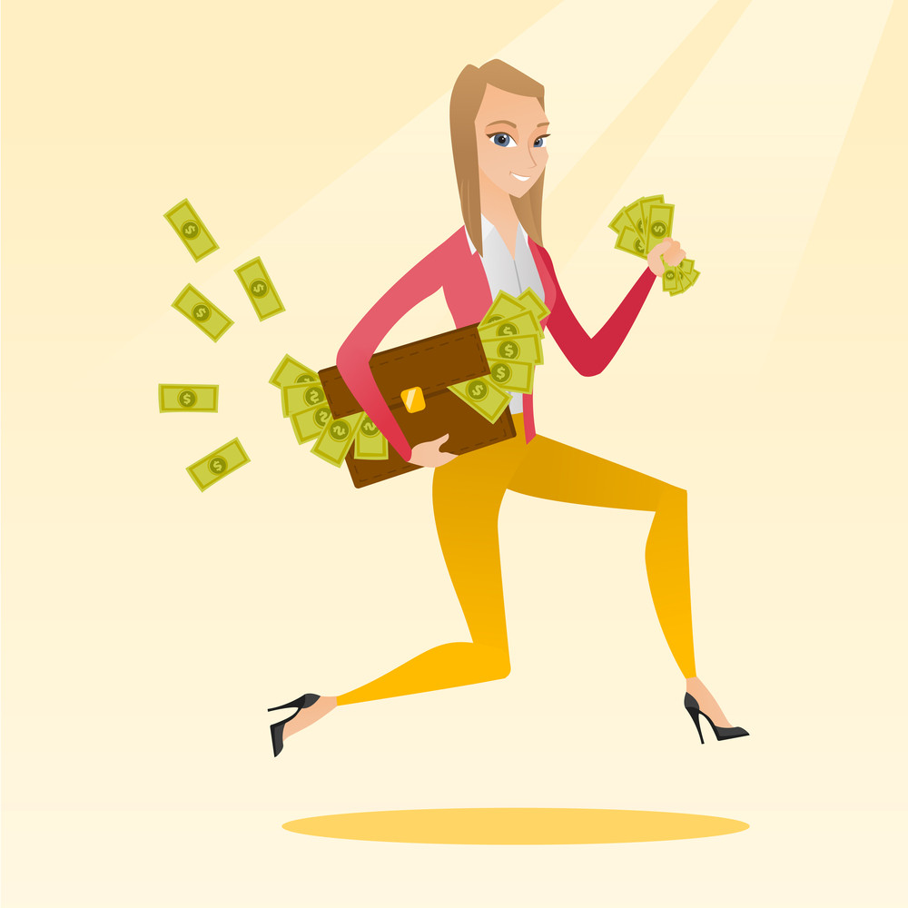 Caucasian business woman running with briefcase full of money and ...