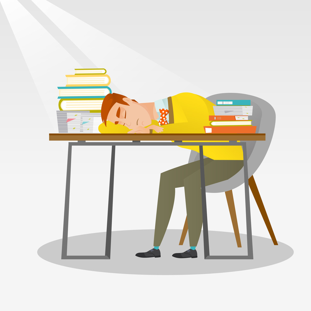 Fatigued Student Sleeping At The Desk With Books Tired Student