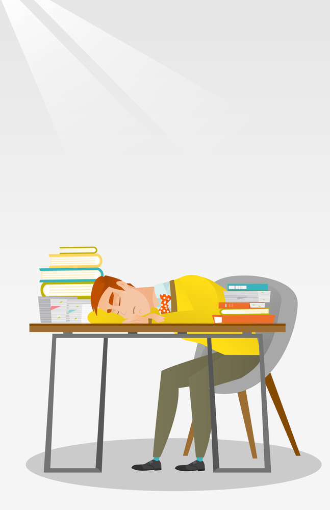 Fatigued Student Sleeping At The Desk With Books Tired Student