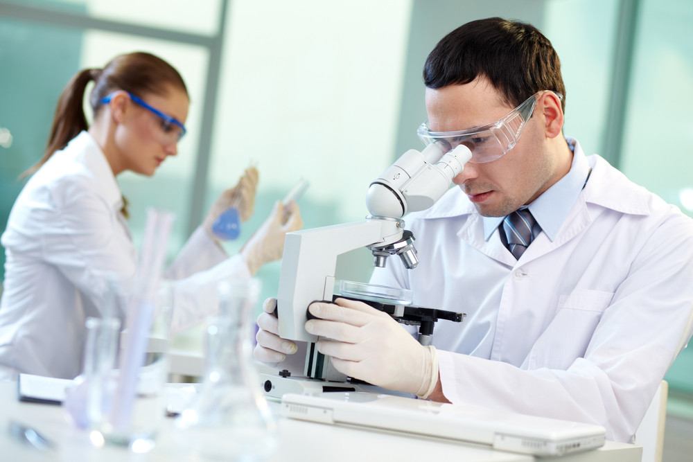 Two scientists conducting research in a lab environment