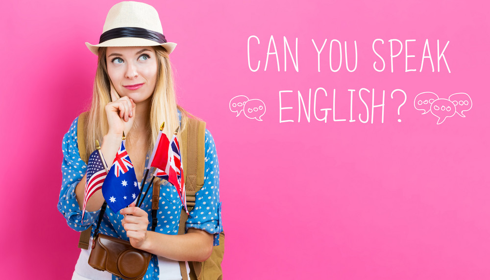 Can You Speak English text with young woman with flags of English speaking countries