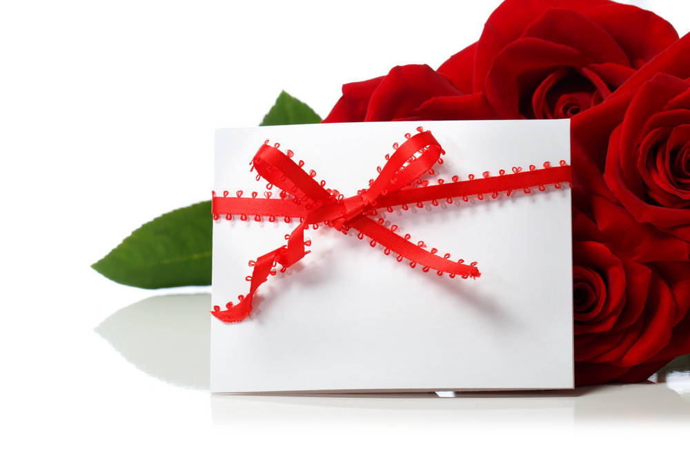 Message Card With Beautiful Red Roses On White Background Royalty