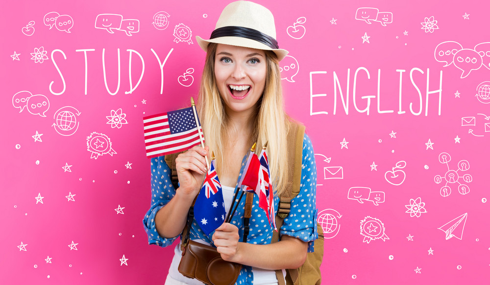 Study English text with young woman with flags of English speaking countries