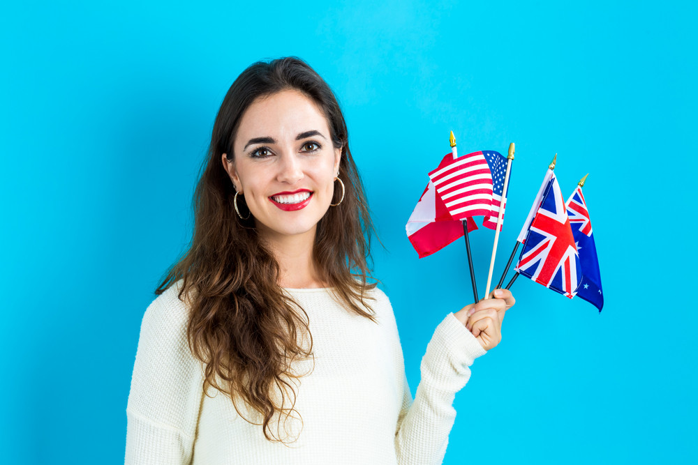 Young woman with flags of English speaking countries