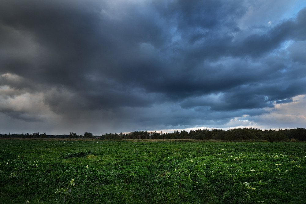 Dark Dramatic Rain Clouds Over Countryside Landscape. Autumn In Latvia ...