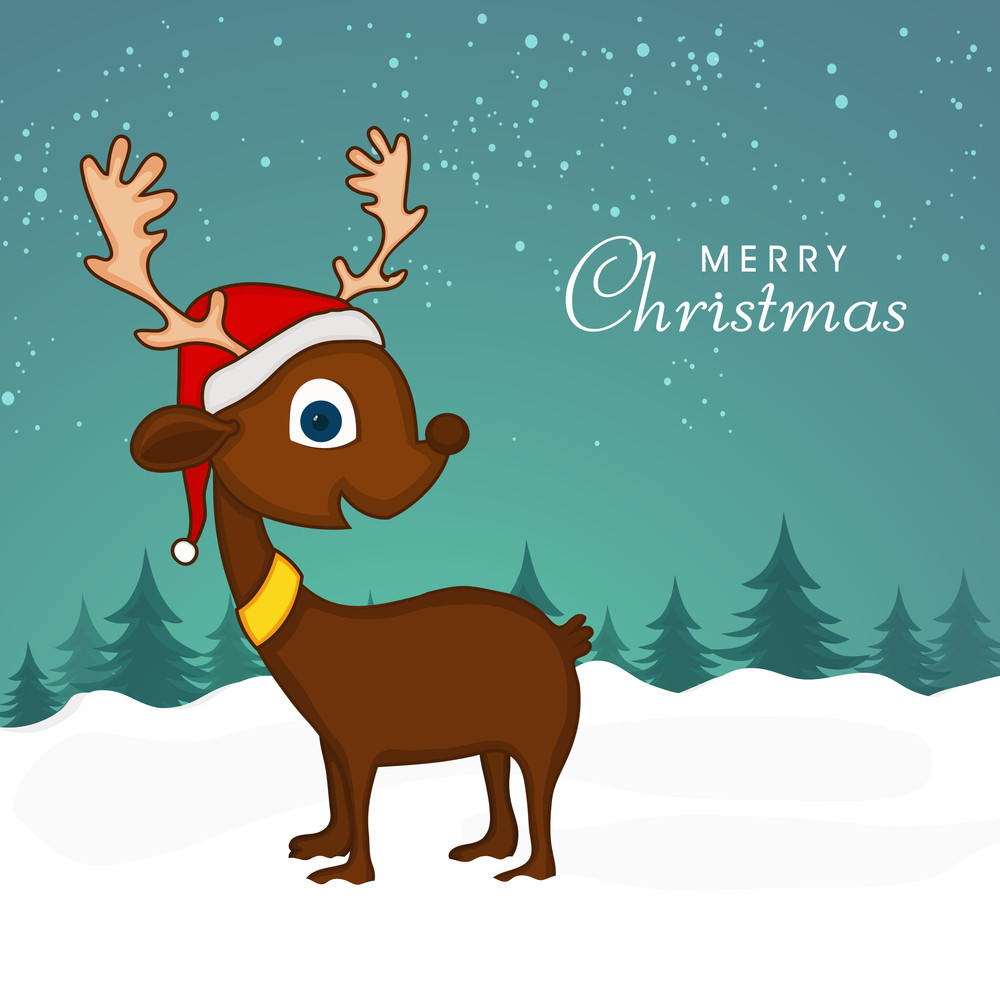 Cute Reindeer in Santa cap on winter background for Merry Christmas