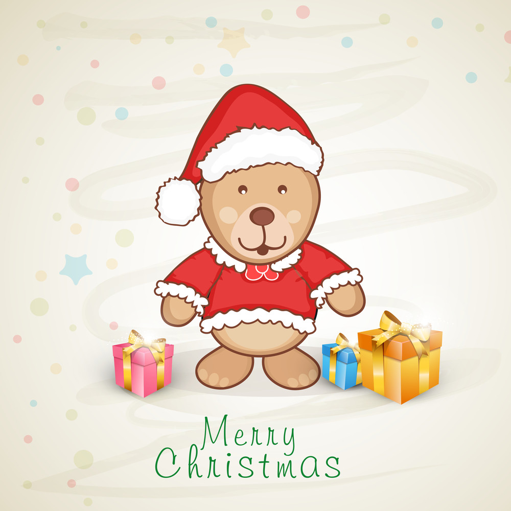 Cute teddy bear in Santa dress with gift boxes for Merry Christmas ...