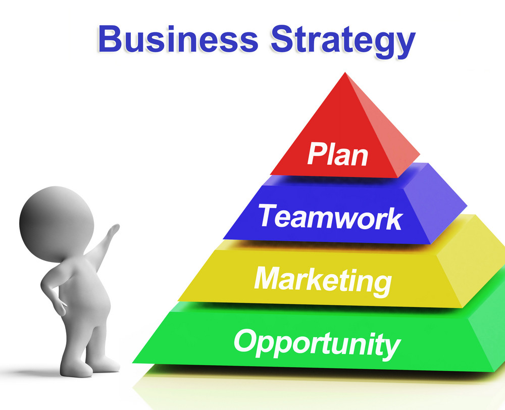 Business Strategy Pyramid Shows Teamwork Marketing And Plan Royalty ...