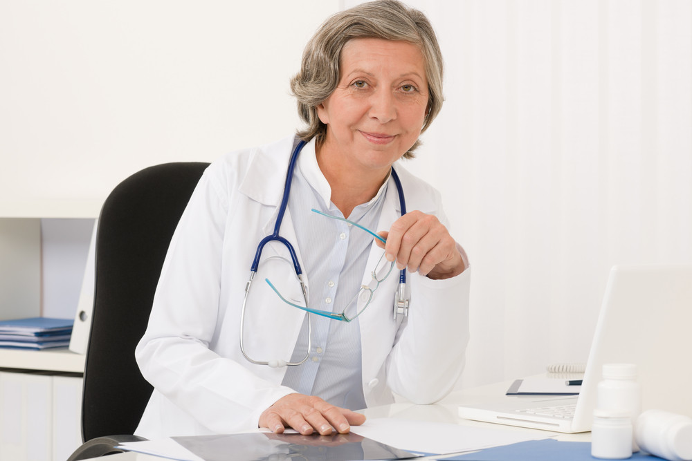 Doctor Office Senior Female Physician Work Computer Sit Behind