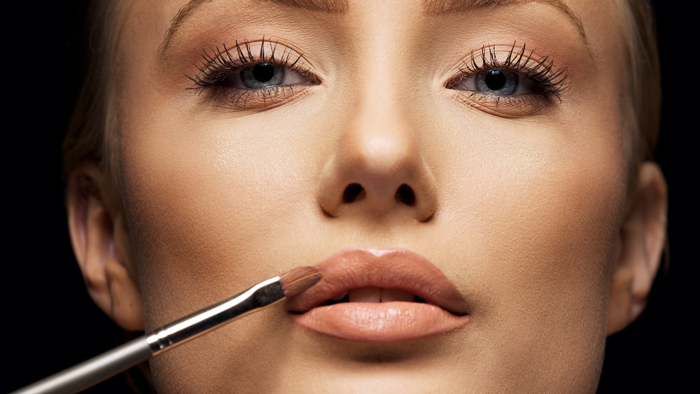 Close Up Female Face With Makeup Lipstick Brush. Young Woman Applying ...