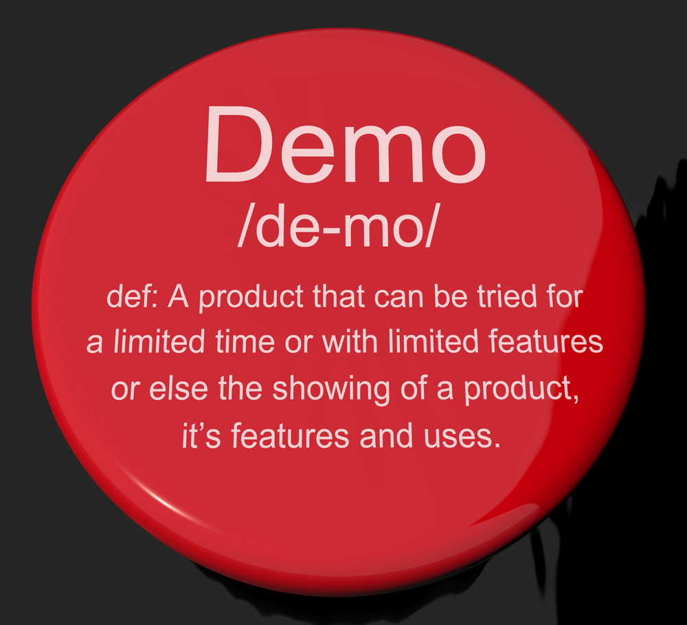 Demo Definition Button Showing Demonstration Of Software Application Or 