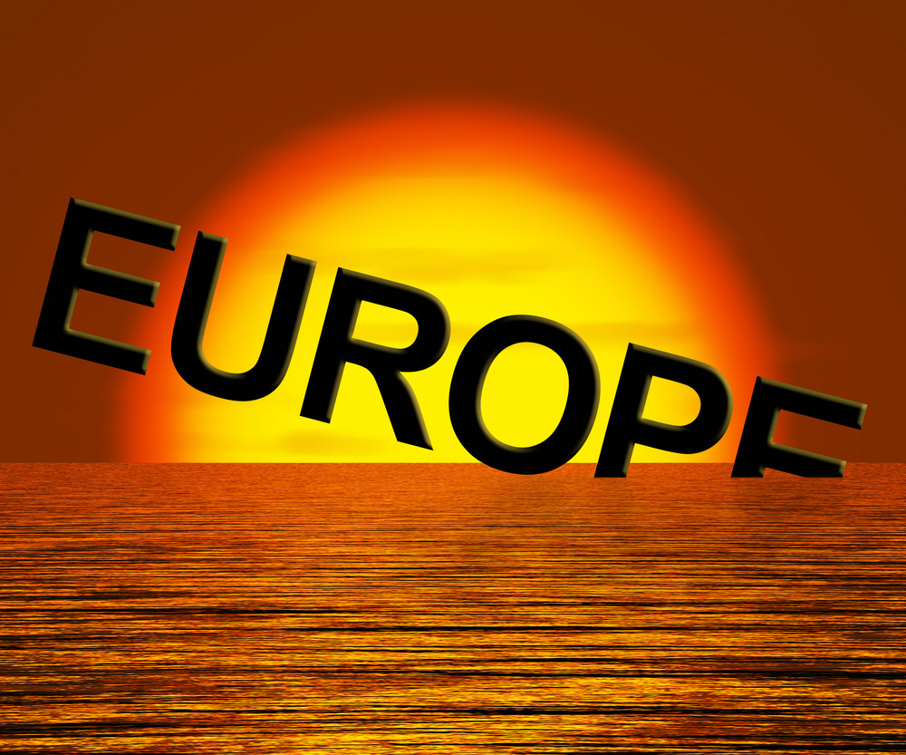 Europe Sinking And Sunset Showing Depression Recession And Economic Downturns