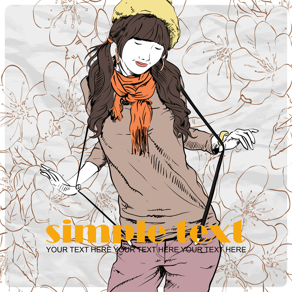 Fashion Girl With Beret In Sketch Style On A Floral Background