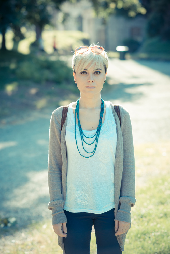 Beautiful Young Blonde Short Hair Hipster Woman In The City