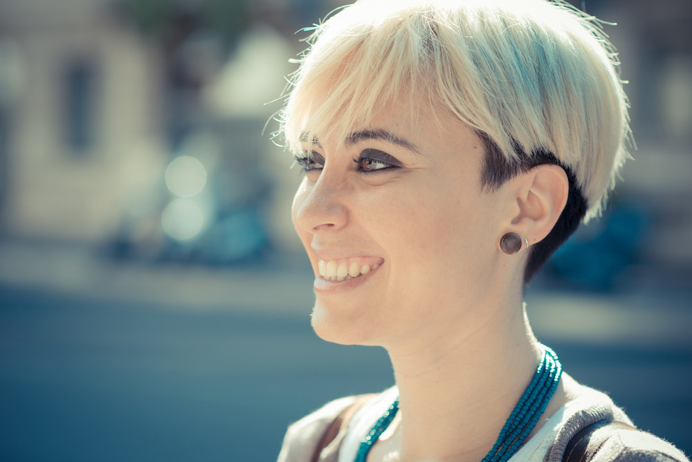 Beautiful Young Blonde Short Hair Hipster Woman In The City