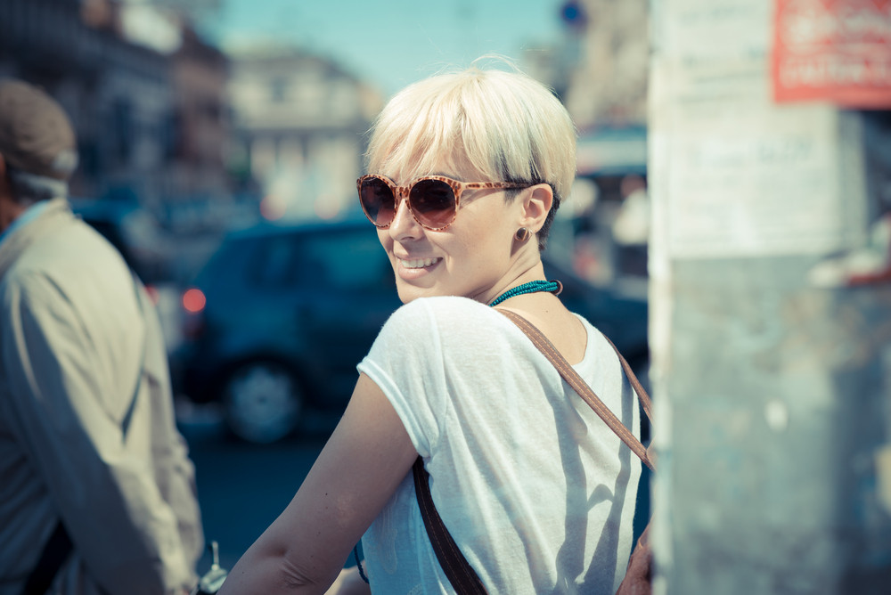 Beautiful Young Blonde Short Hair Hipster Woman In The City