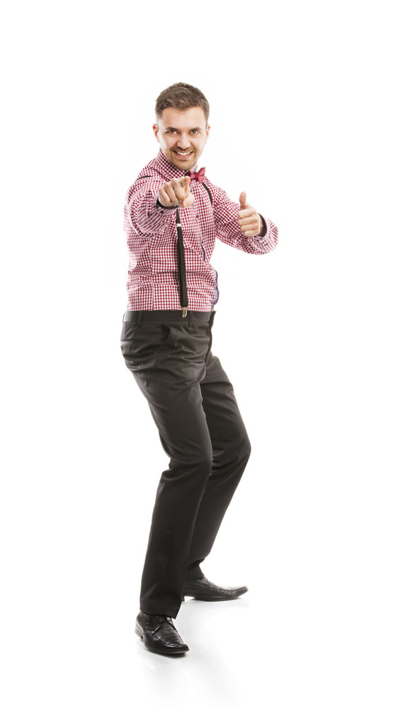Funny Business Man Is Posing In Studio With Bow Tie And Braces