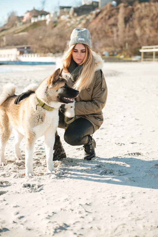 Picture of beautiful young woman walks in winter beach with dog on a leash.