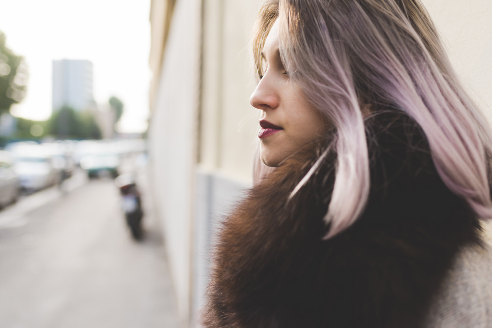 Portrait Of Young Beautiful Caucasian Purple Grey Hair Woman