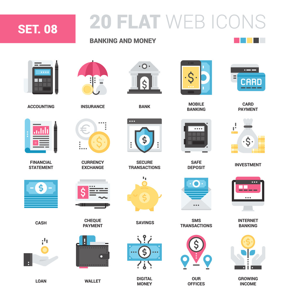 Download Vector set of banking and money flat web icons. Each icon ...