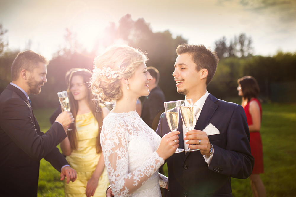 Young Newlyweds And Wedding Guests Clinking Glasses At Wedding