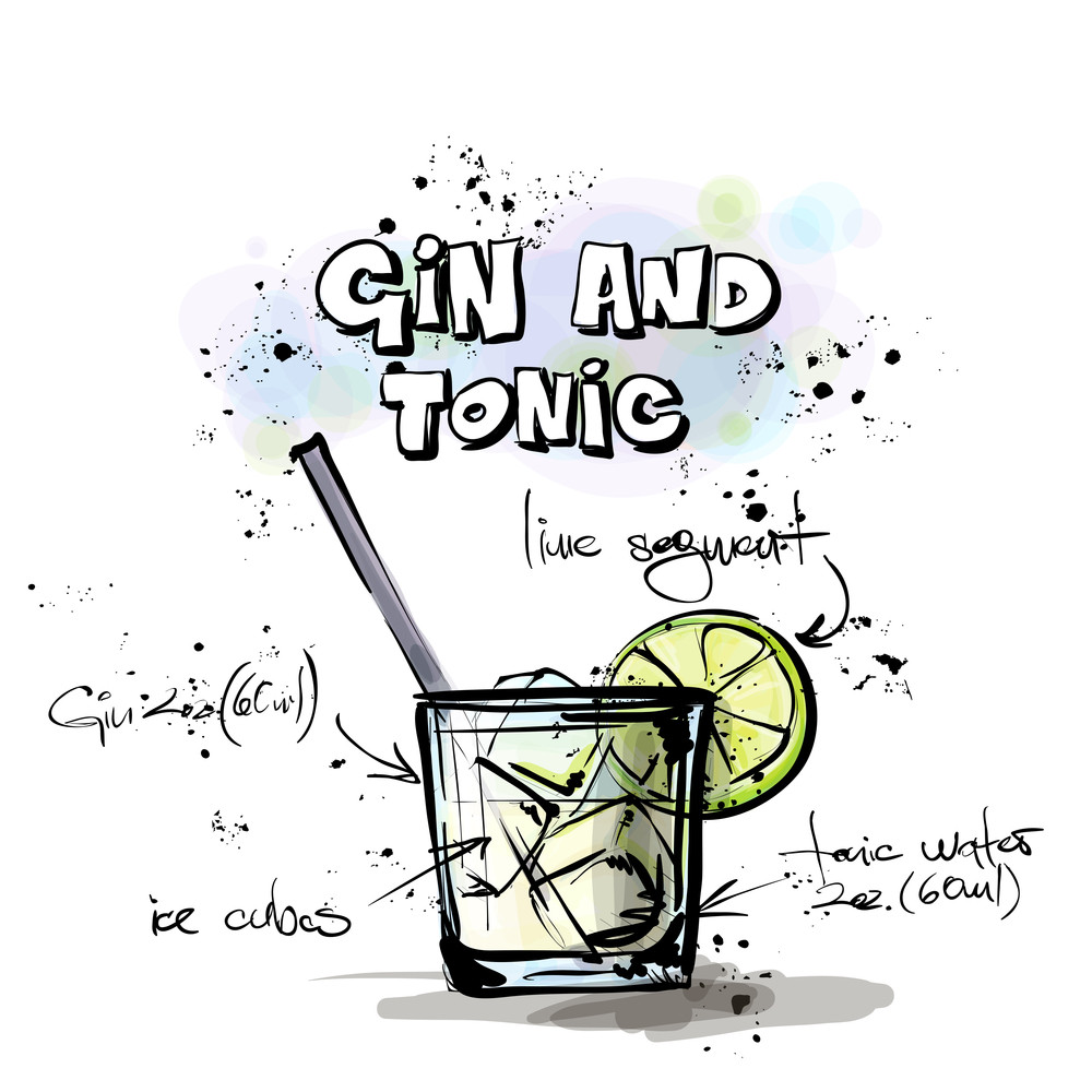 Hand Drawn Illustration Of Cocktail. Gin & Tonic. Vector Collection
