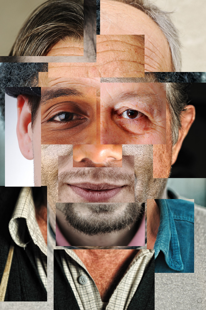 Human face made of several different people, artistic concept collage