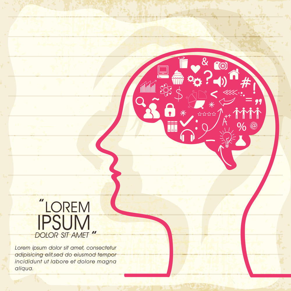 Illustration of human brain thinking about various things on notebook ...