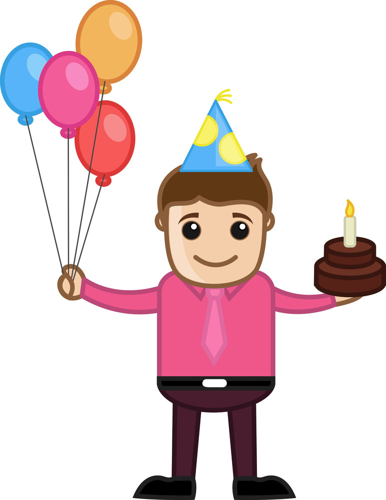 Man Celebration With Cake And Balloons - Cartoon Business Character ...