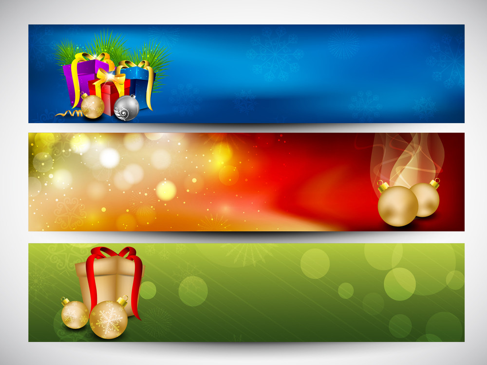 Merry Christmas Website Banner Set Decorated With Snowflakes And Lights