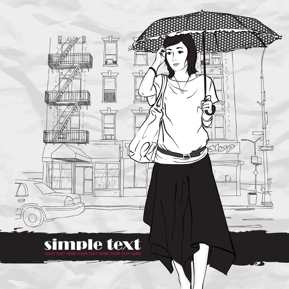 Pretty Girl With Umbrella In Sketch Style On A Street