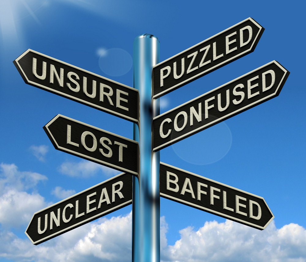 Puzzled Confused Lost Signpost Showing Puzzling Problem Royalty Free