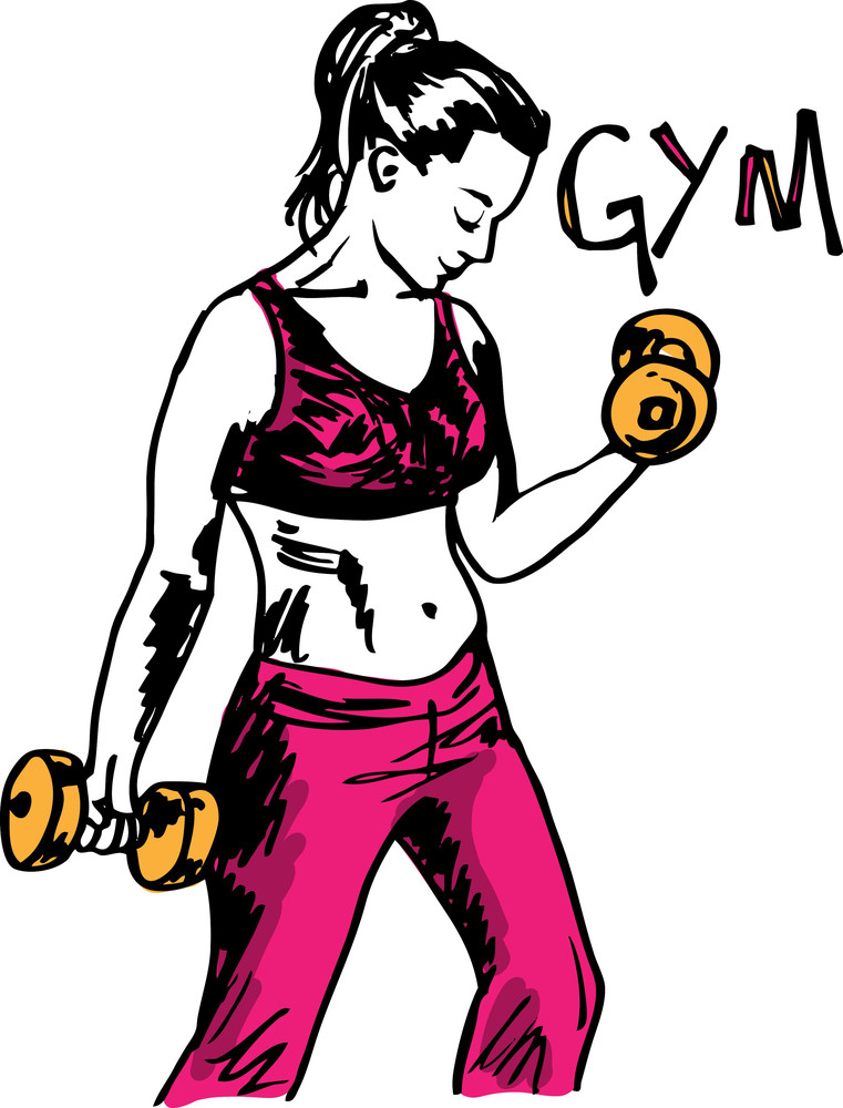 Sketch Of A Woman Working Out At The Gym With Dumbbell Weights Royalty