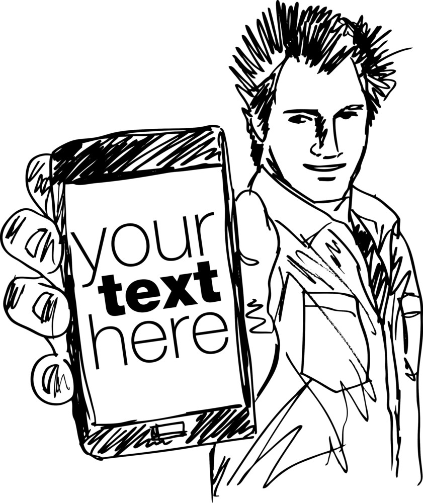 Download Sketch Of Handsome Guy Showing His Modern Smartphone ...