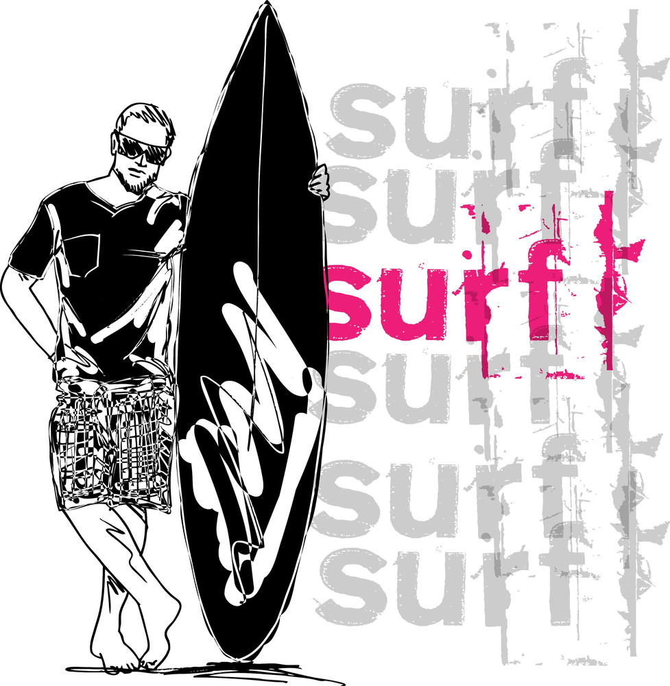 Sketch Of Man With Surfboard Vector Illustration Royalty Free
