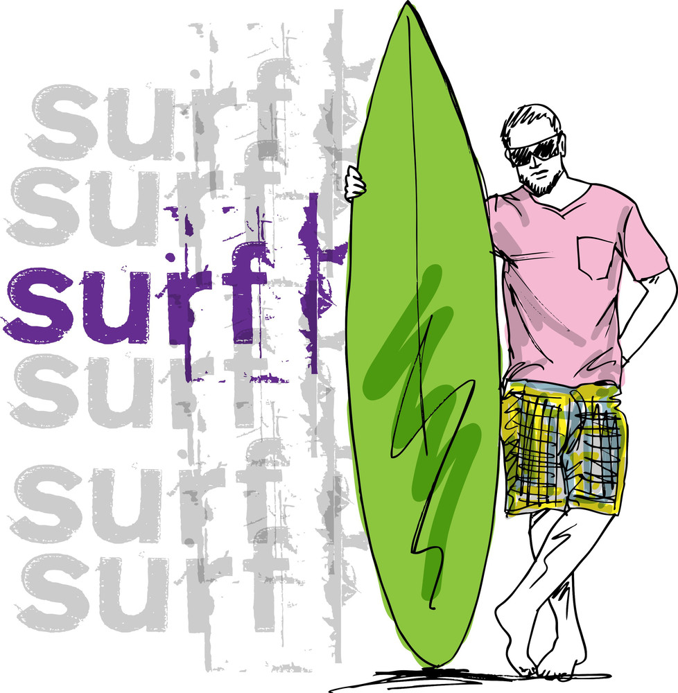 Sketch Of Man With Surfboard Vector Illustration Royalty Free