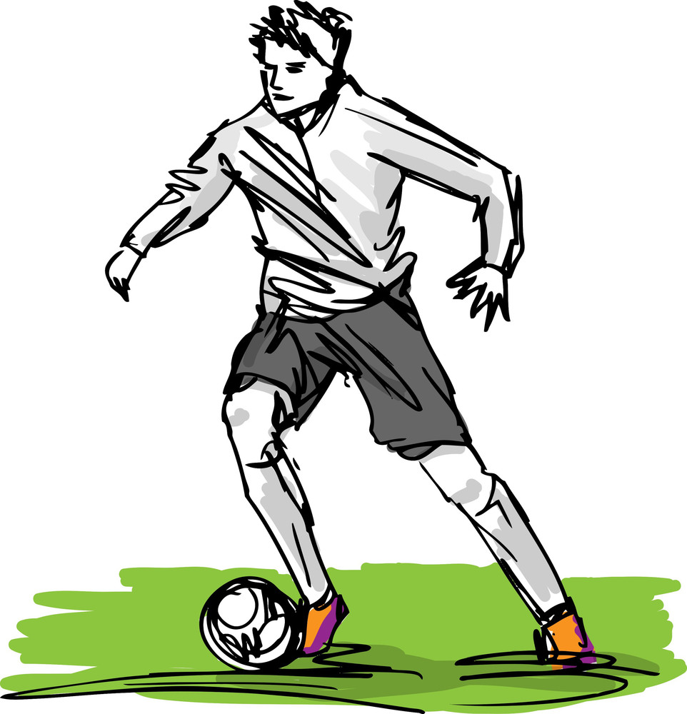 Sketch Of Soccer Player Kicking Ball. Vector Illustration RoyaltyFree