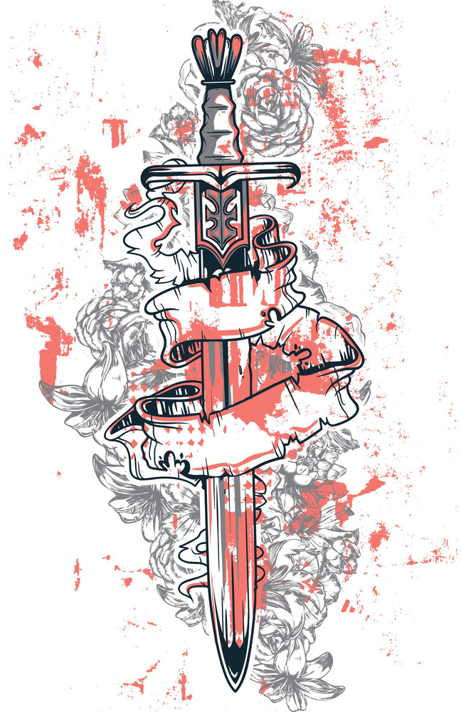 Sword With Flowers Vector T-shirt Design Royalty-Free Stock Image