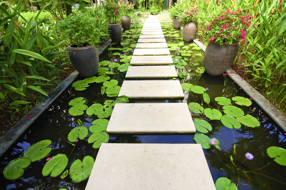 The Stone Block Walk Path In The Garden On Water Royalty Free