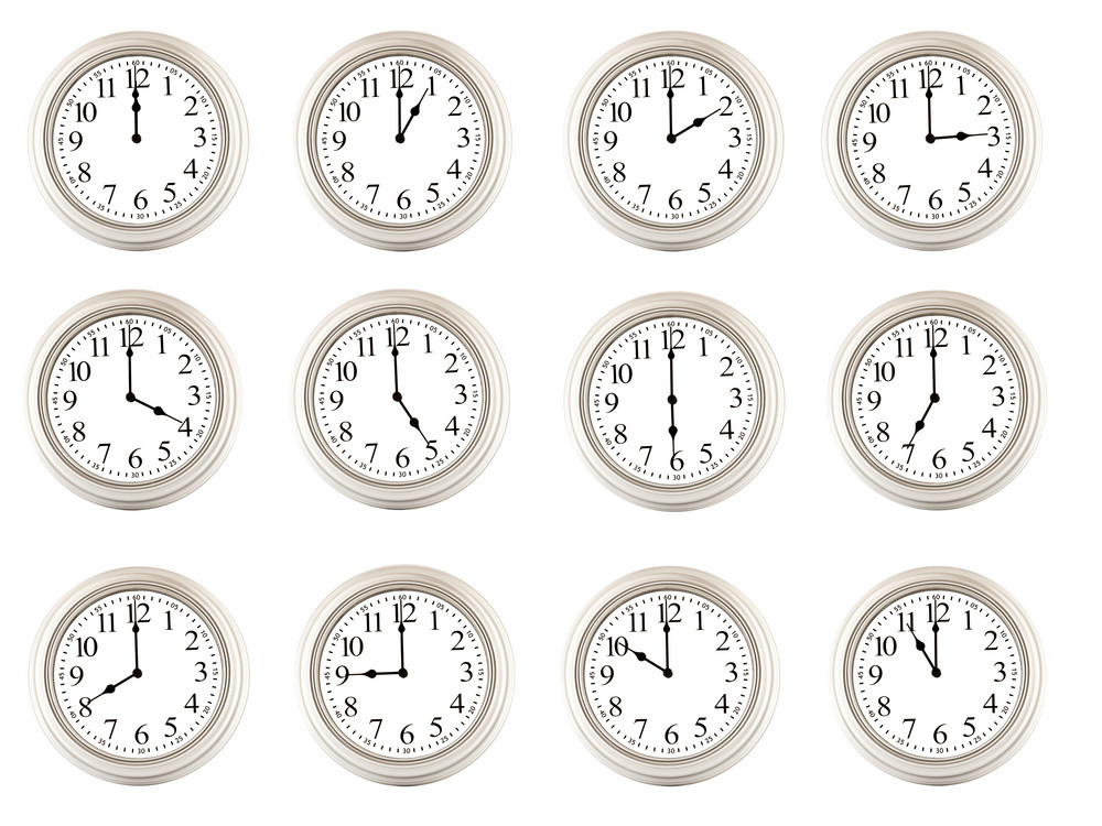 Twelve Clocks Showing Different Times