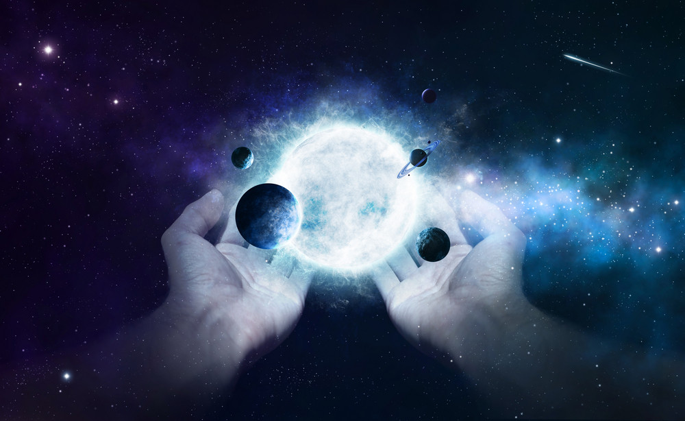 Two hands holding the sun and planets in the universe Royalty-Free ...