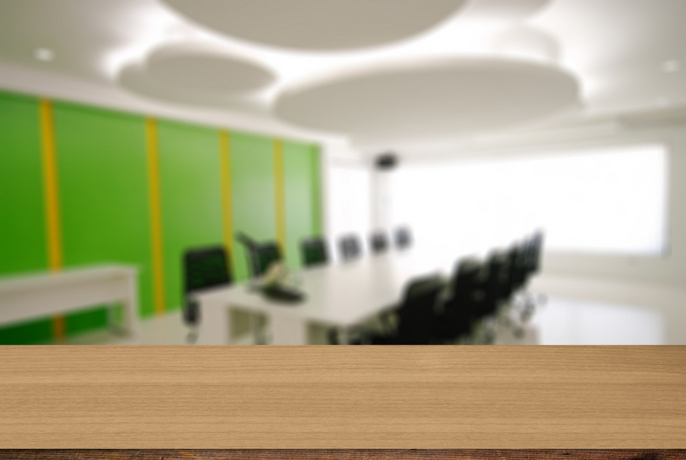 Wood Desk Decoration With Office Working Area Background Royalty