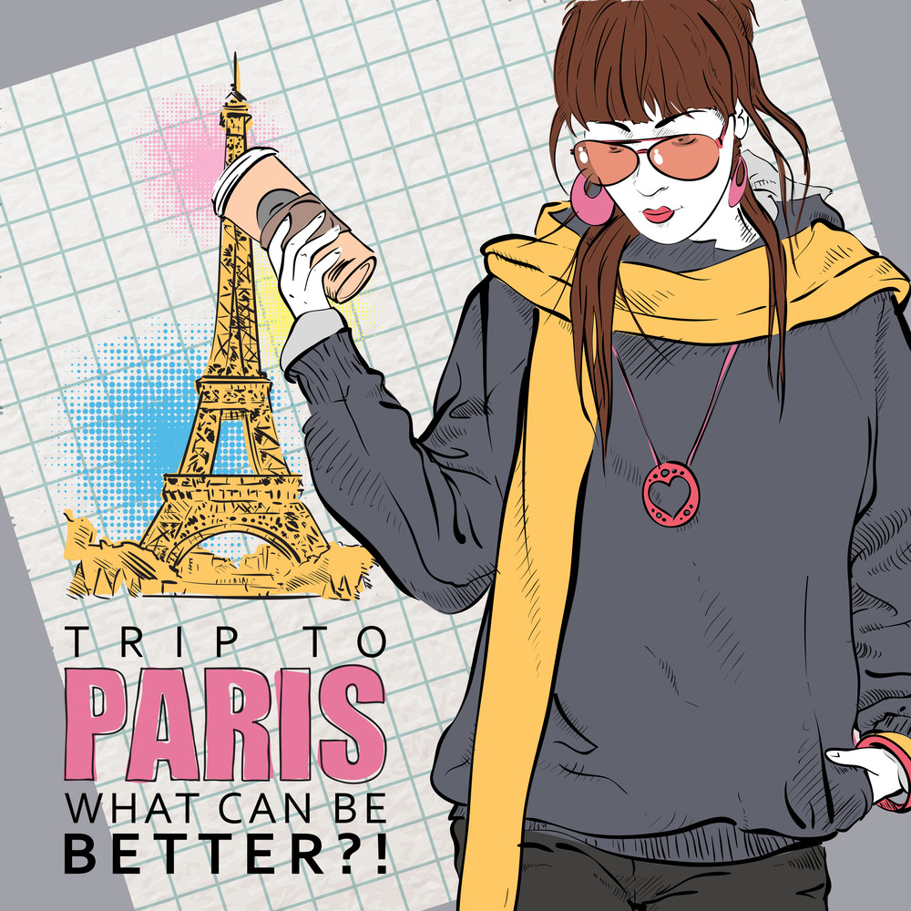 Young Pretty Girl With Coffee Cup On A Eiffel Tower Background