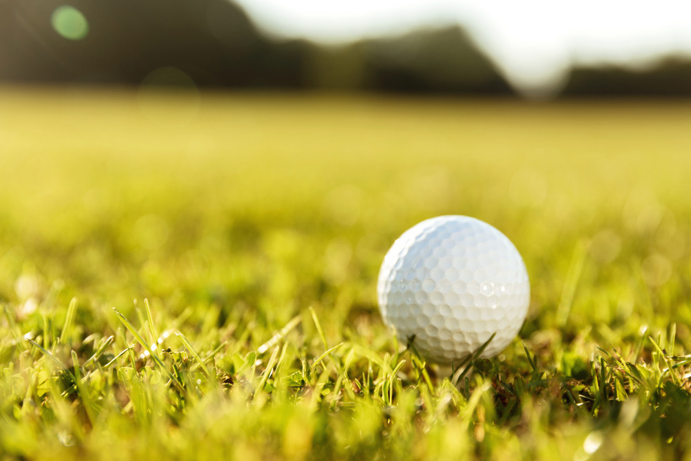 Close up of a golf ball on a tee in green grass