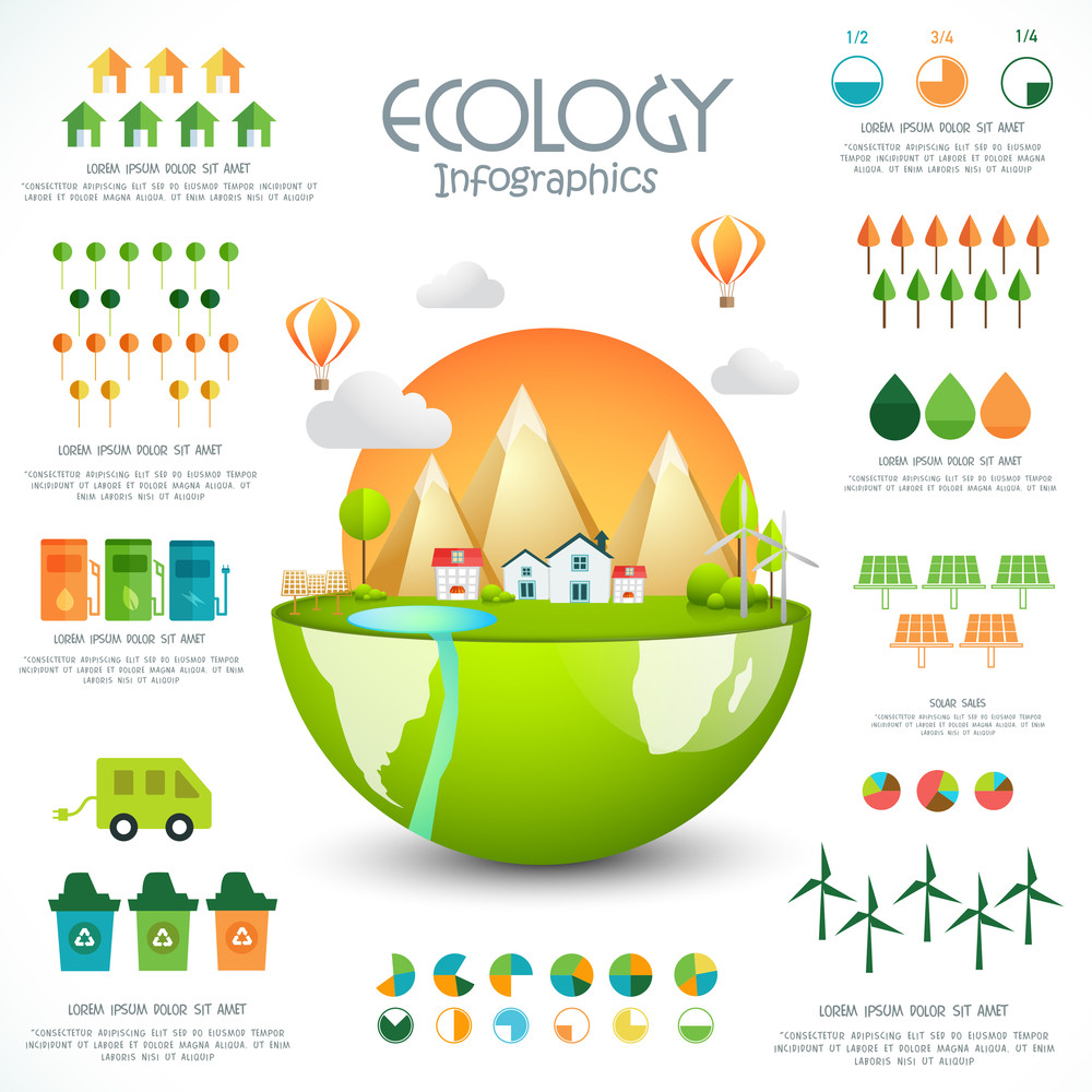 Creative ecology template layout with glossy city view and various ...