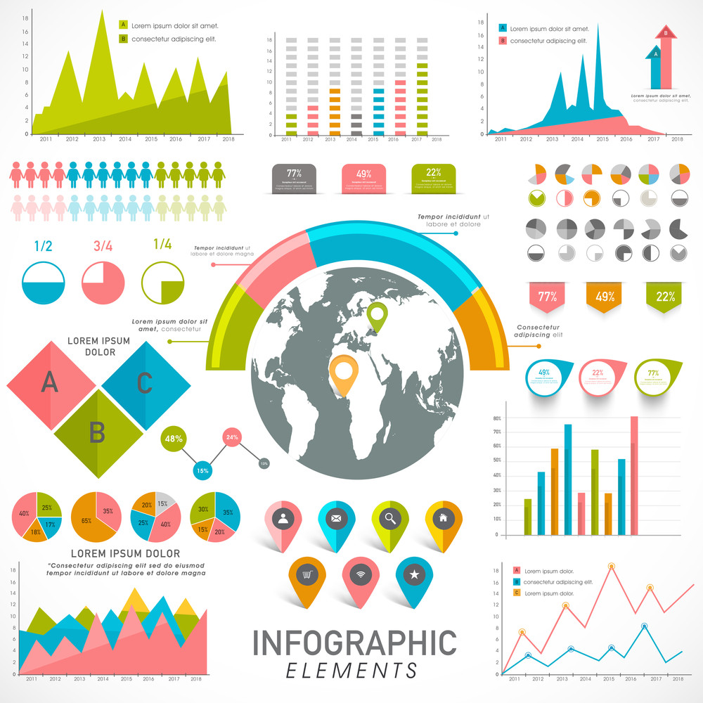 Creative statistical infographic elements with colorful graphs and ...