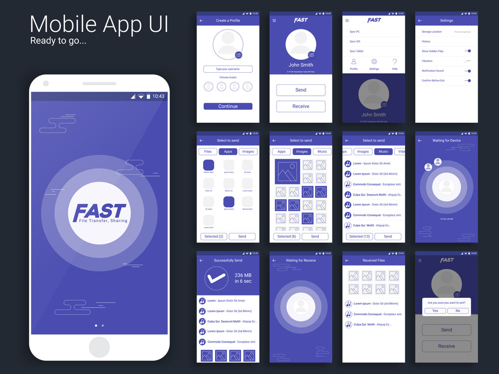 Ongebruikt File Transfer and Sharing Mobile App, Material Design UI, UX and BP-73