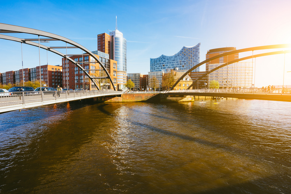 Hamburg, Germany - April 18, 2018: Niederbaumbrucke Bridge in HafenCity, Hamburg, Germany